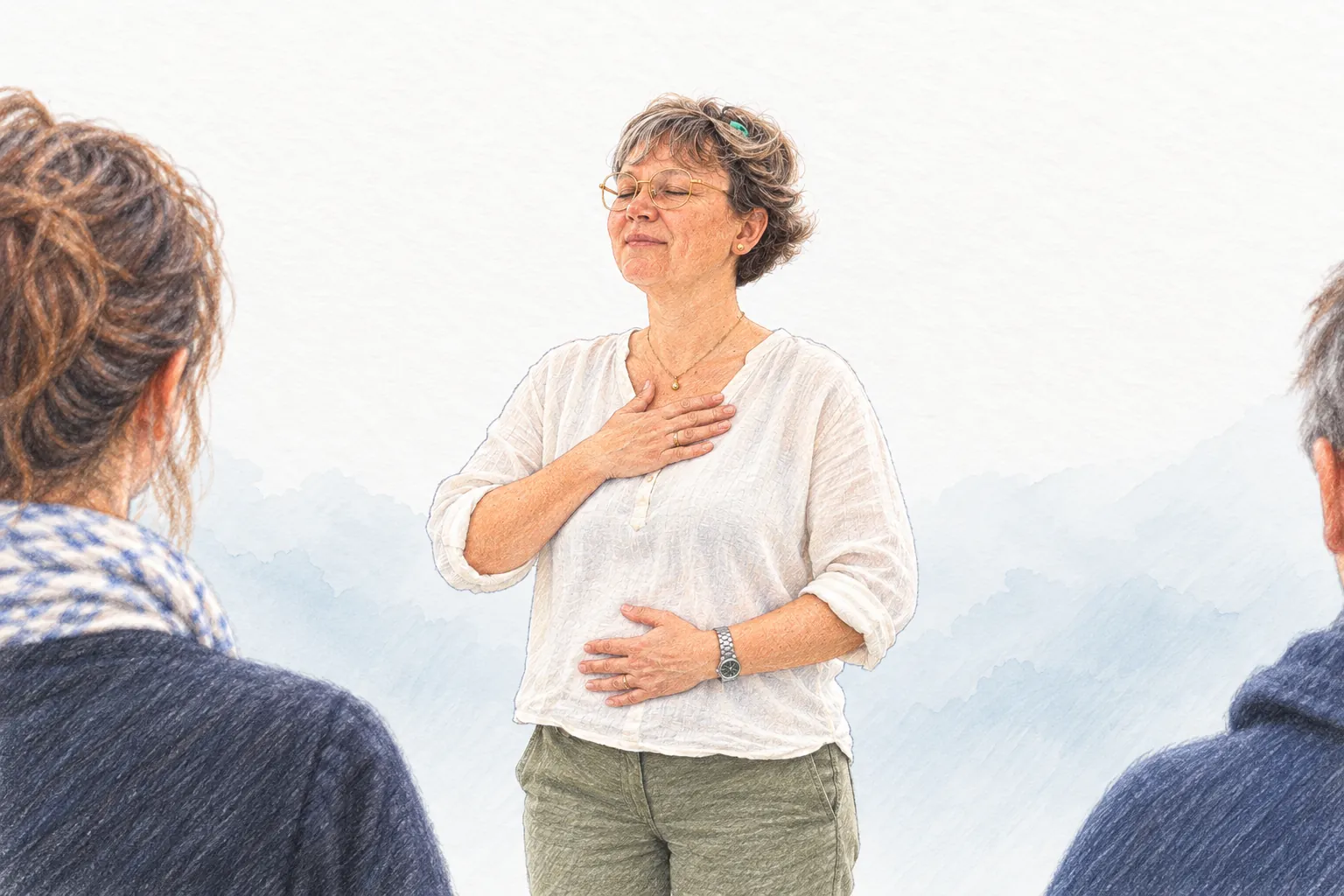 Illustration au crayon : exercice de respiration guidé, une main sur le cœur