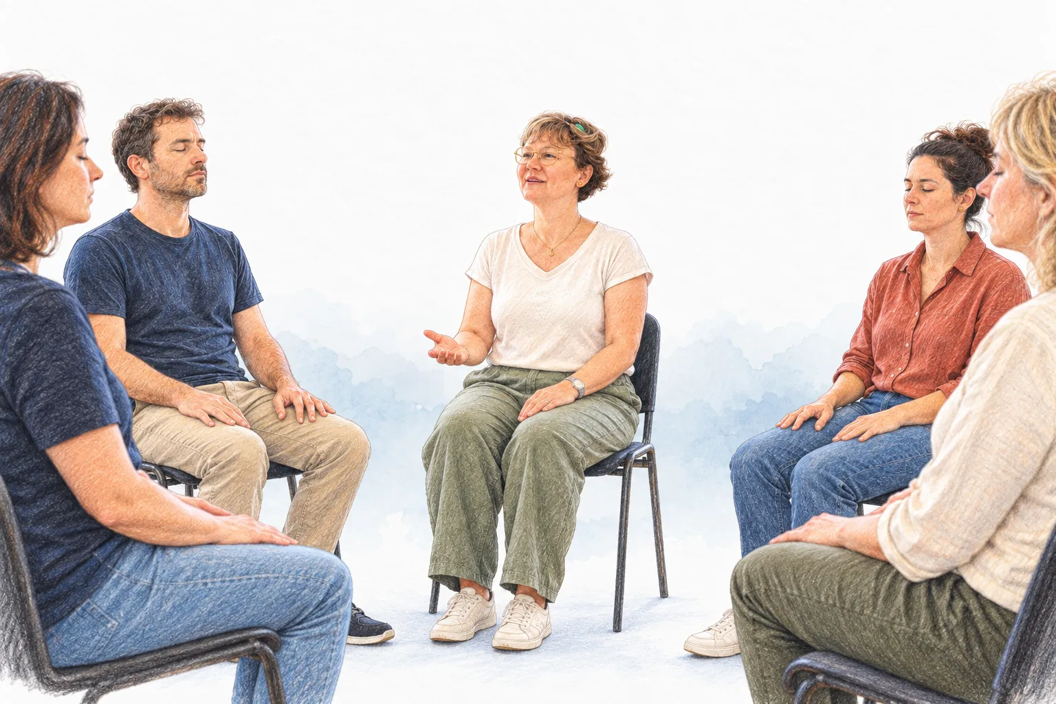 Illustration au crayon : séance collective de sophrologie, participants assis en cercle