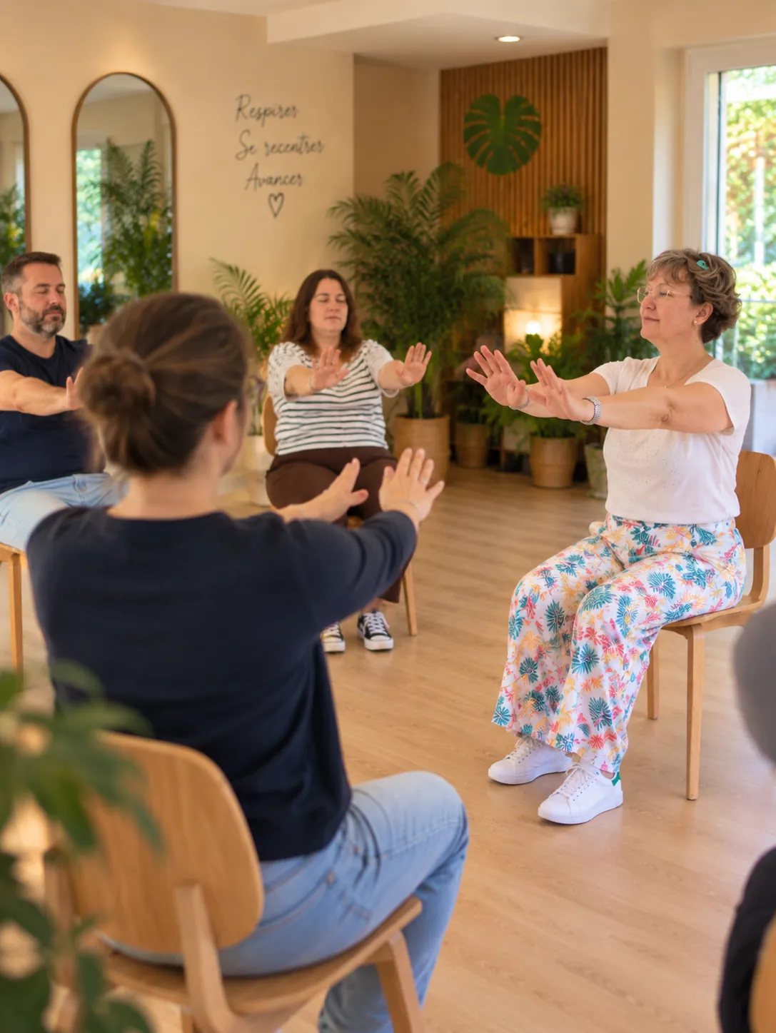 Solène guide un exercice de relaxation dynamique, bras tendus, en séance collective