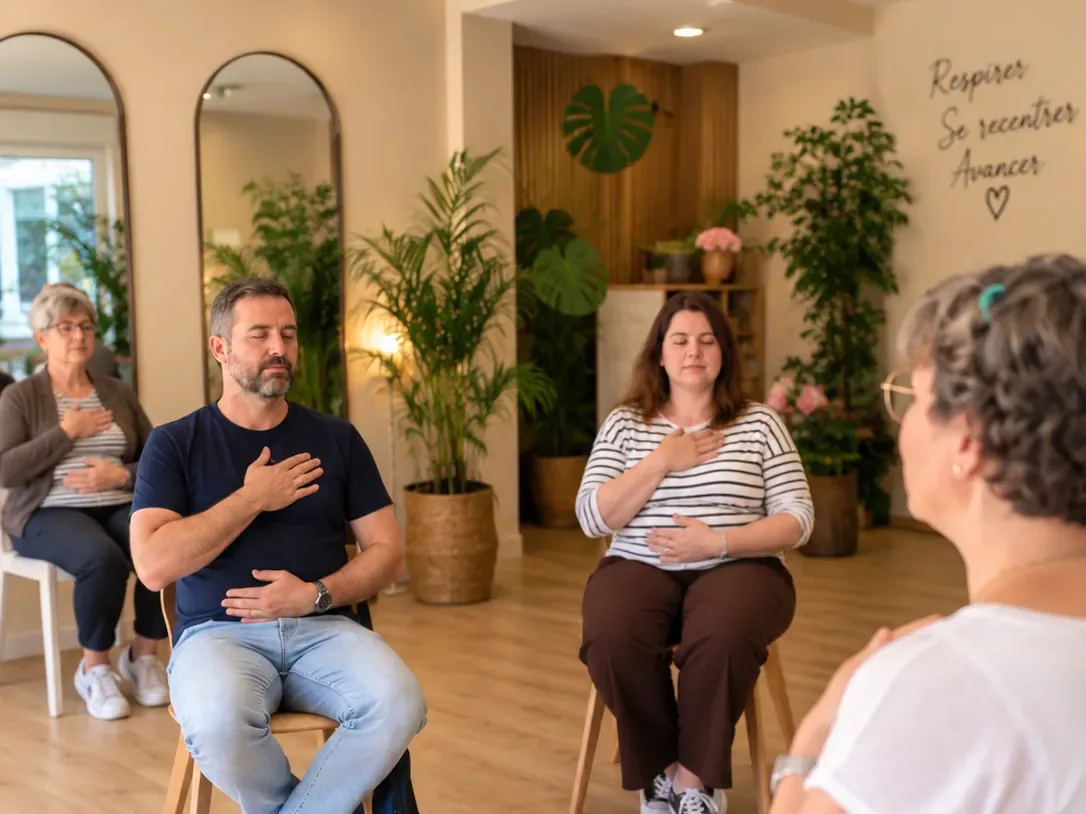 Séance collective de sophrologie en salle, participants assis sur des chaises, une main sur le cœur