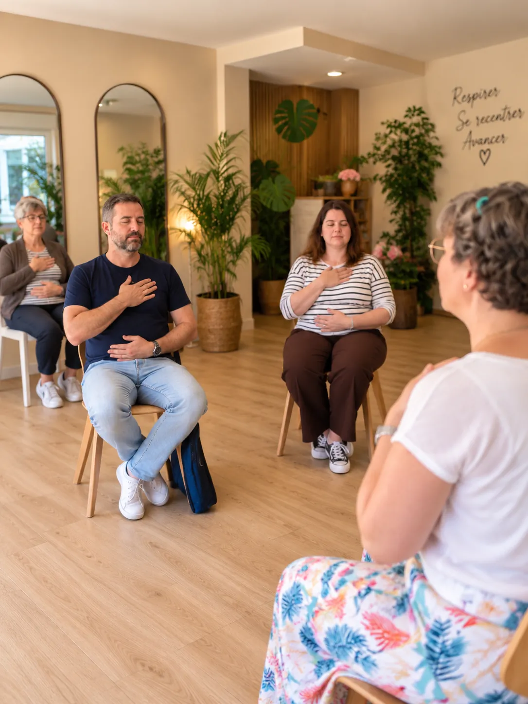 Séance collective de sophrologie, participants assis une main sur le cœur