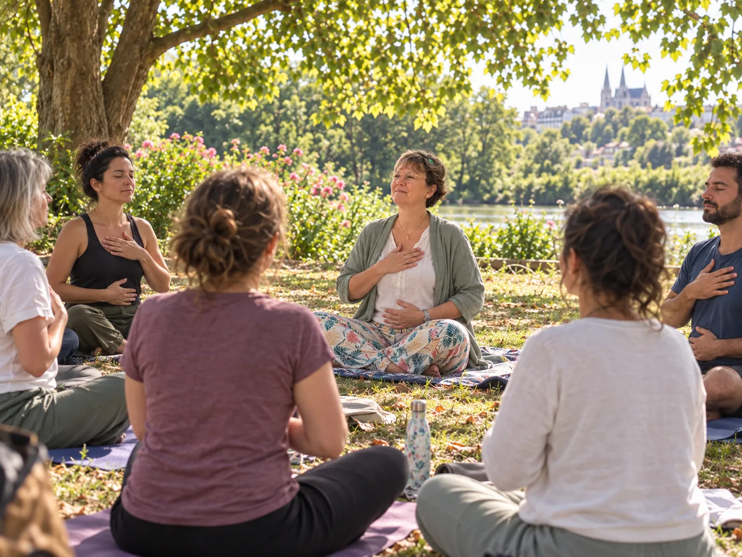 Séance de sophrologie en extérieur au bord de la Loire, une main sur le cœur
