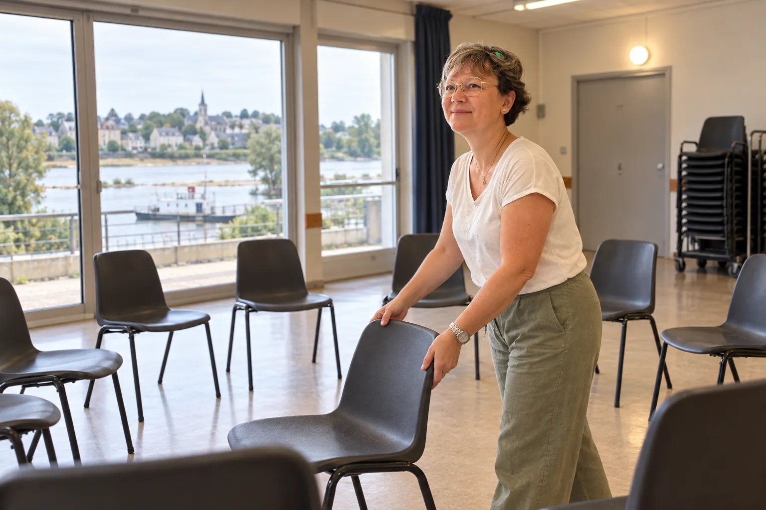 Solène installe les chaises avant une séance collective en salle