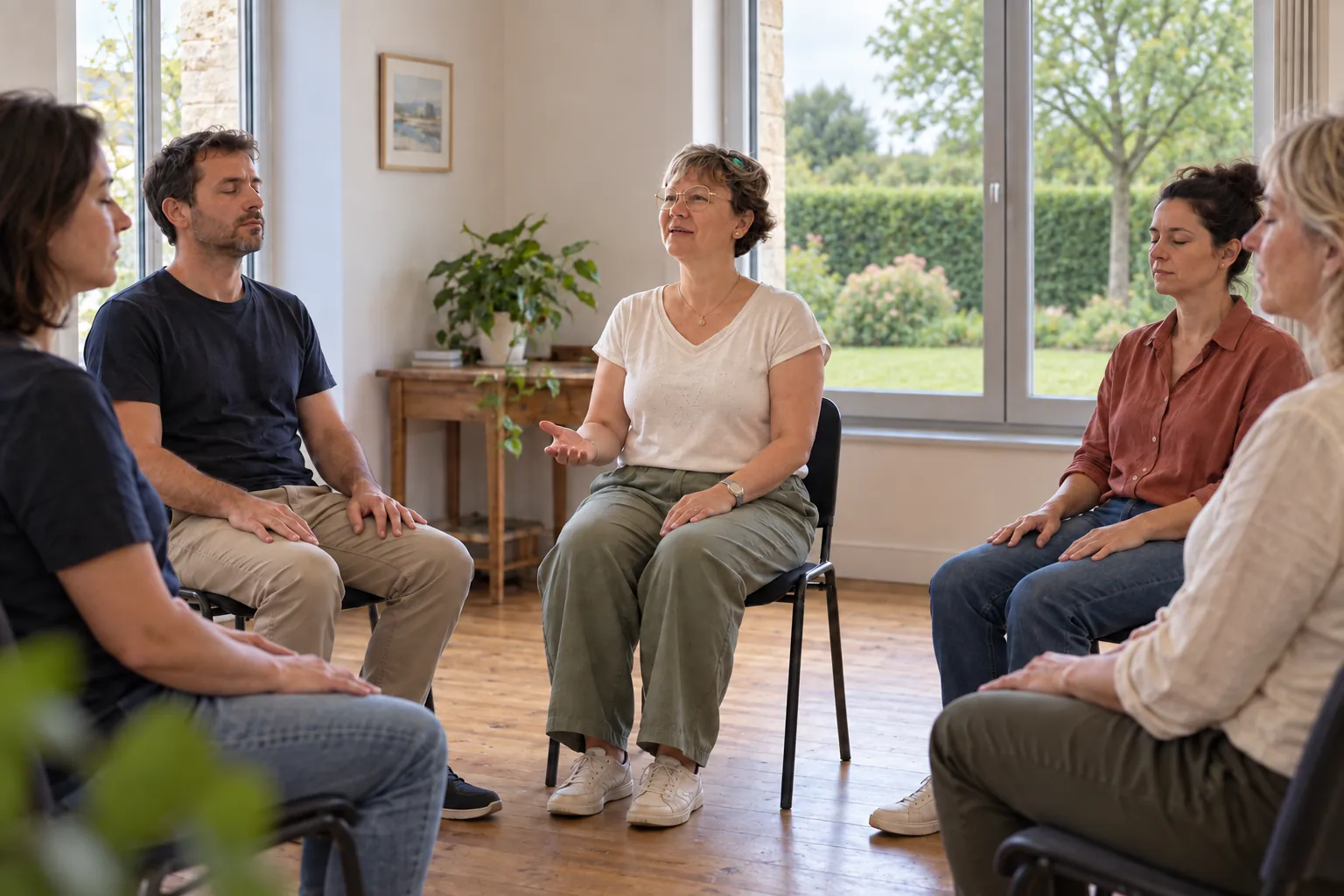 Séance collective de sophrologie caycédienne, participants assis en cercle