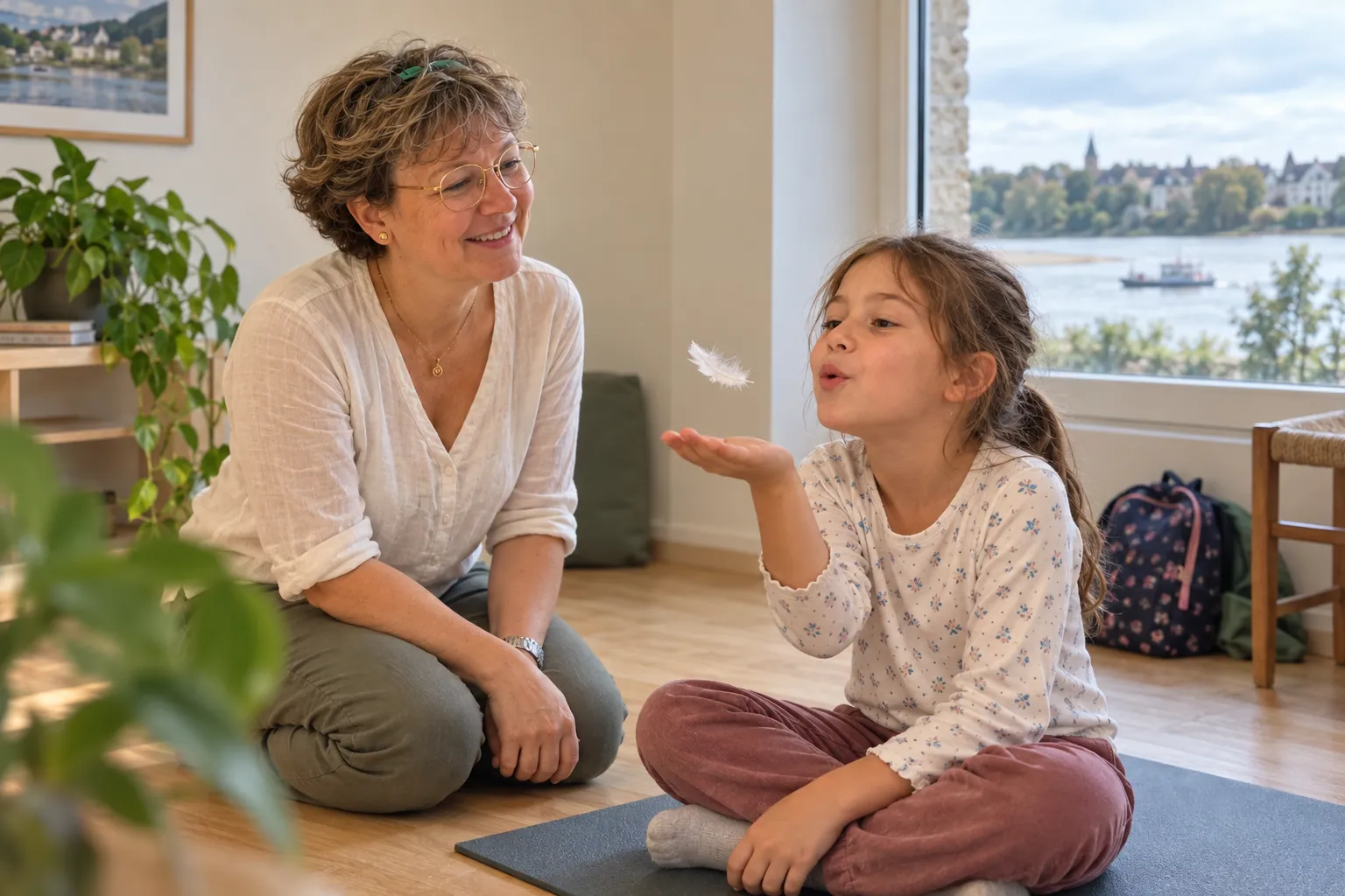 Séance de sophrologie ludique avec une enfant, exercice de la plume