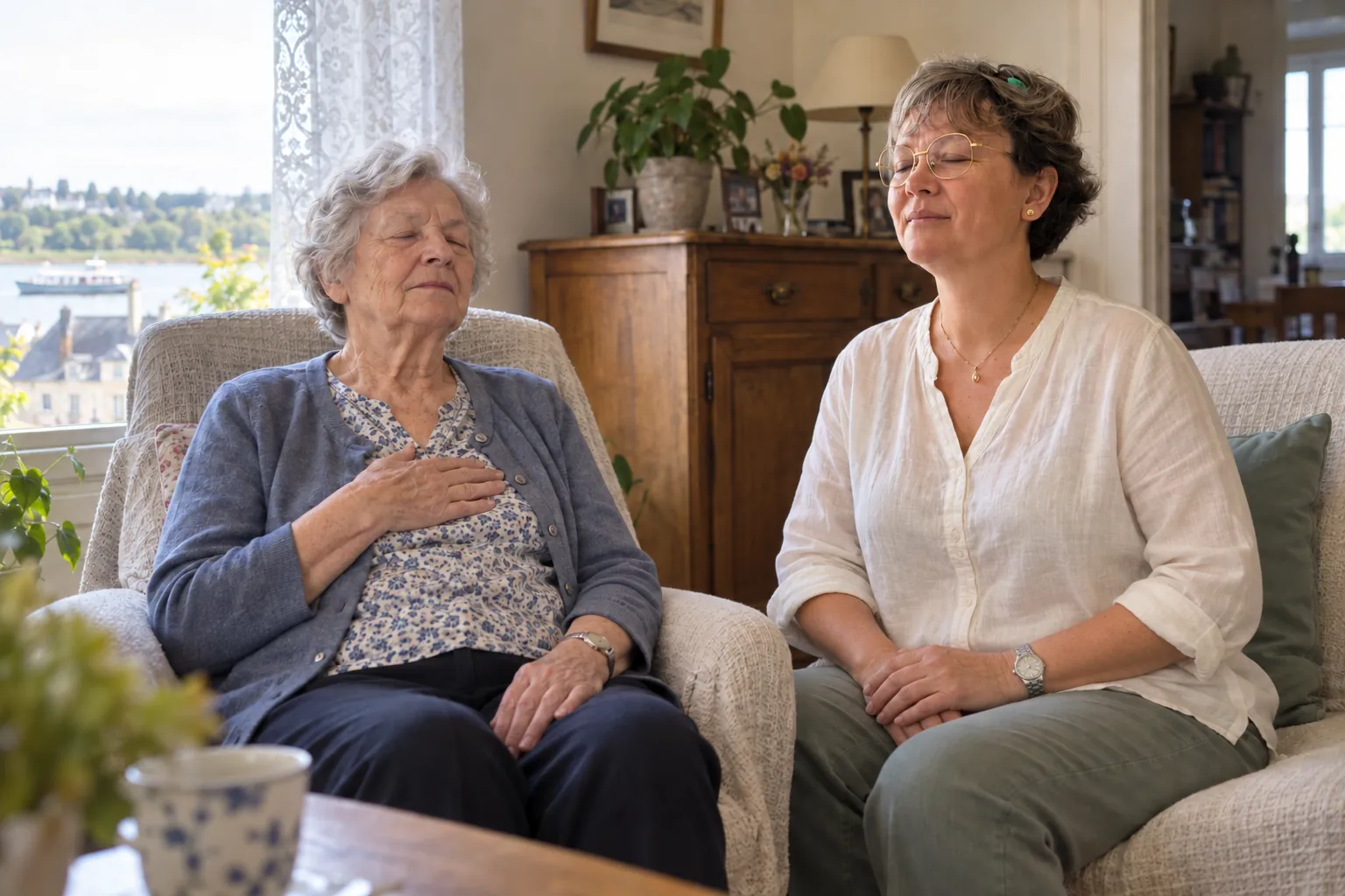 Séance de sophrologie assise avec une personne âgée, à domicile